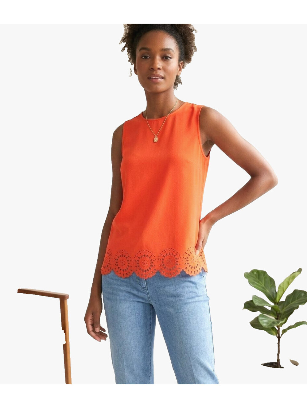 Liz Claiborne Woman L Large Orange Sleeveless Eyelet Scalloped Hem Blouse Top
